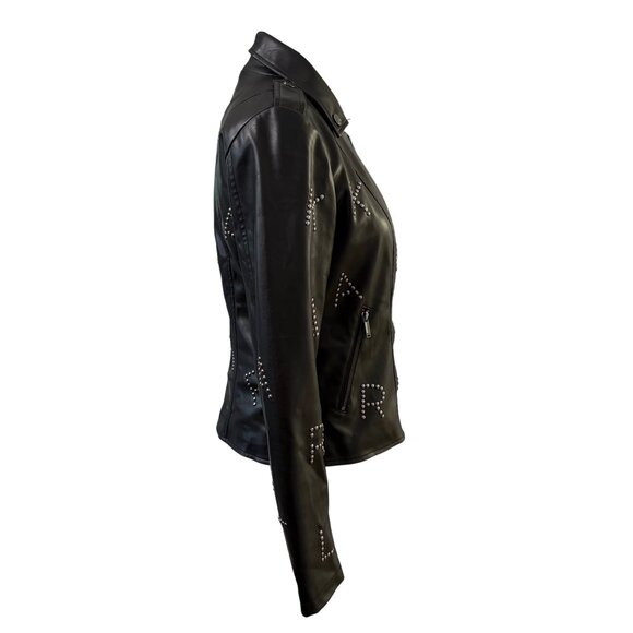 Karl Lagerfeld Paris Black Faux Leather Studded Moto Jacket Logo Detailing SizeS - Picture 4 of 16